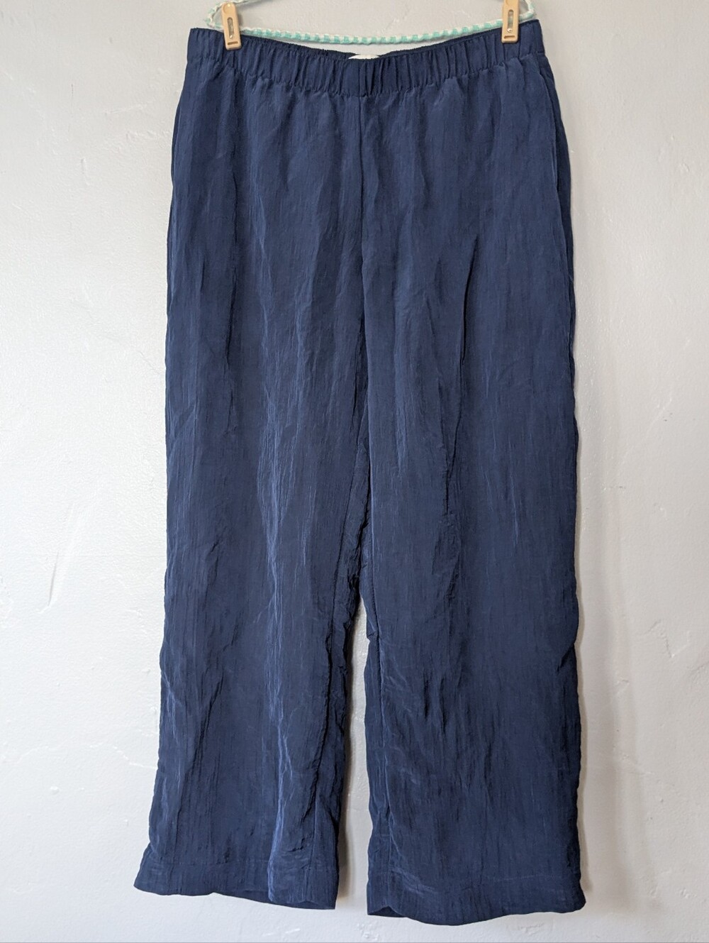 Abercrombie & Fitch Navy Blue Crinkled Wide Leg Pull On Pants Large